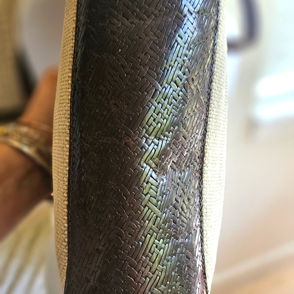 Brahmin Dark Brown Pattern Leather & Beige Woven Fabric Shoulder/ Crossbody Bag - Picture 6 of 10